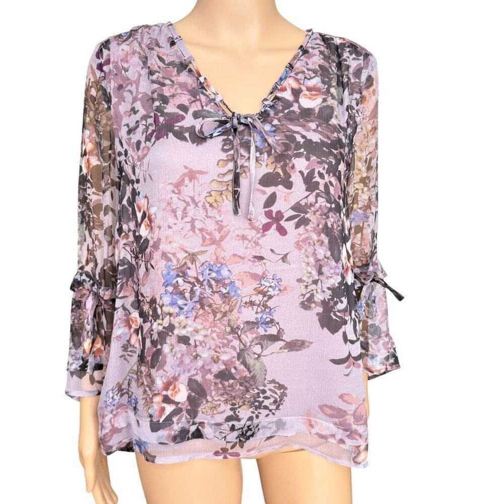 Ecru 100% silk floral blouse tie front and sleeve detail size S